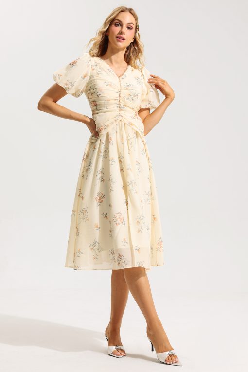 Floral V-Neck Short Sleeve Midi Dress