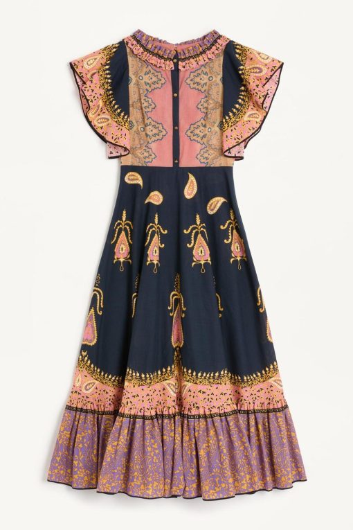 Paisley Print Frill Bell Sleeve Midi Dress