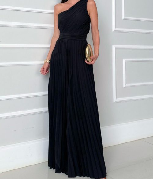 Elegant Pleated Slant Neck Waist Jumpsuit