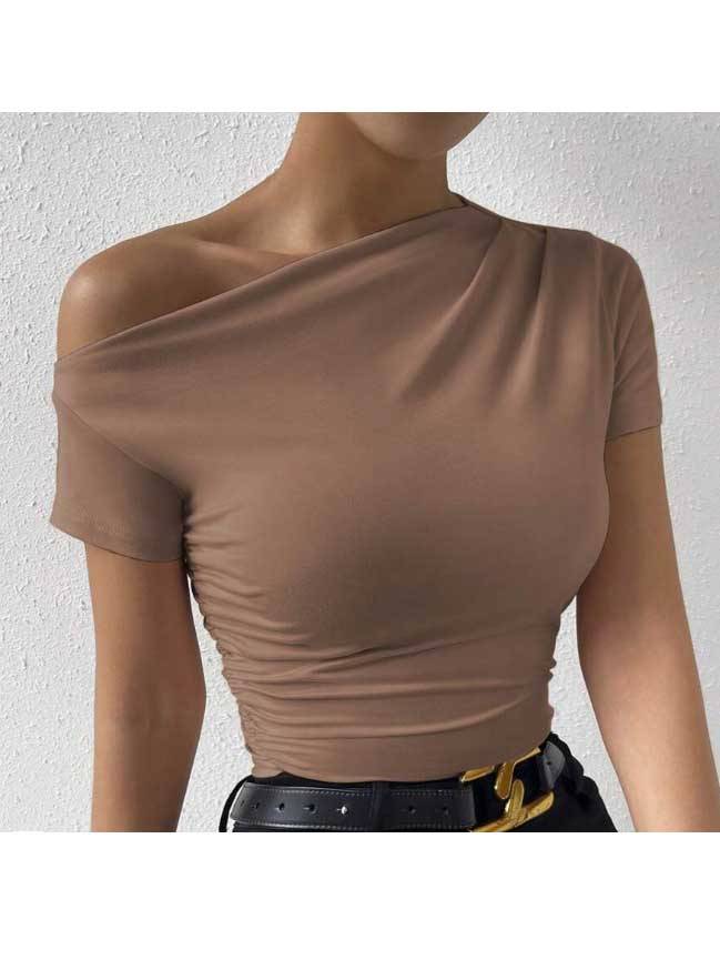 Off-shoulder pleated short-sleeved T-shirt - Image 3
