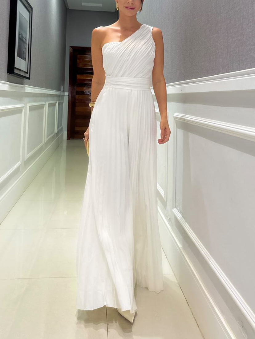 Elegant Pleated Slant Neck Waist Jumpsuit - Image 4