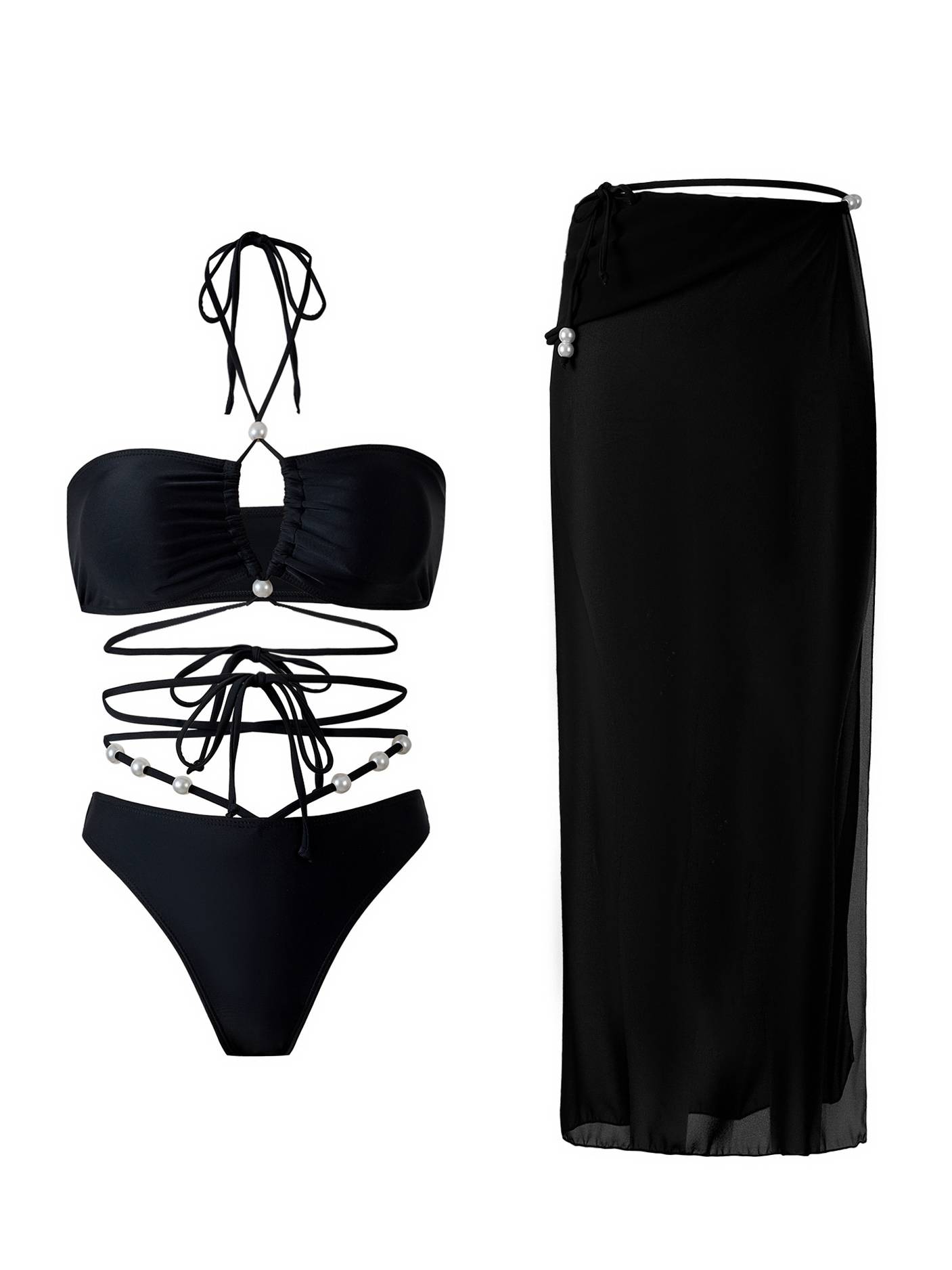 Halter Neck Three-Piece Bikini Beach Dress Set - Image 6